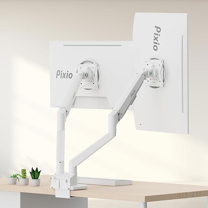 Pixio PS1D Wave White Dual Monitor Arm Stand Desk Mount - Fits up to 32 inches Monitors and up to 19.8lbs. VESA Compatibility and Integrated Cable Management