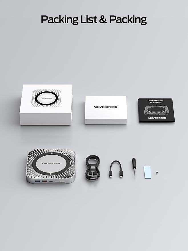 MOVE SPEED Mac mini M4 Dock Enclosure, 10 in 1 Aluminum Stand Hub, 10Gbps USB-C/A, 4K60Hz HDMI, SD/TF Reader, Space-Saving Vertical Design