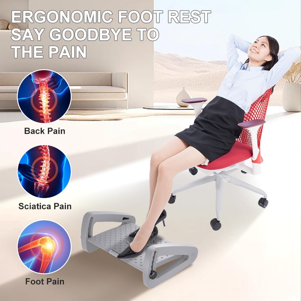 Foot Rest for Under Desk at Work - Six Heights Adjustable Under Desk Footrest - Ergonomic Foot Stools for Under Office Desks - Desks Foot Rest with Massage Rollers - Leg Rest for Chair (Gray)