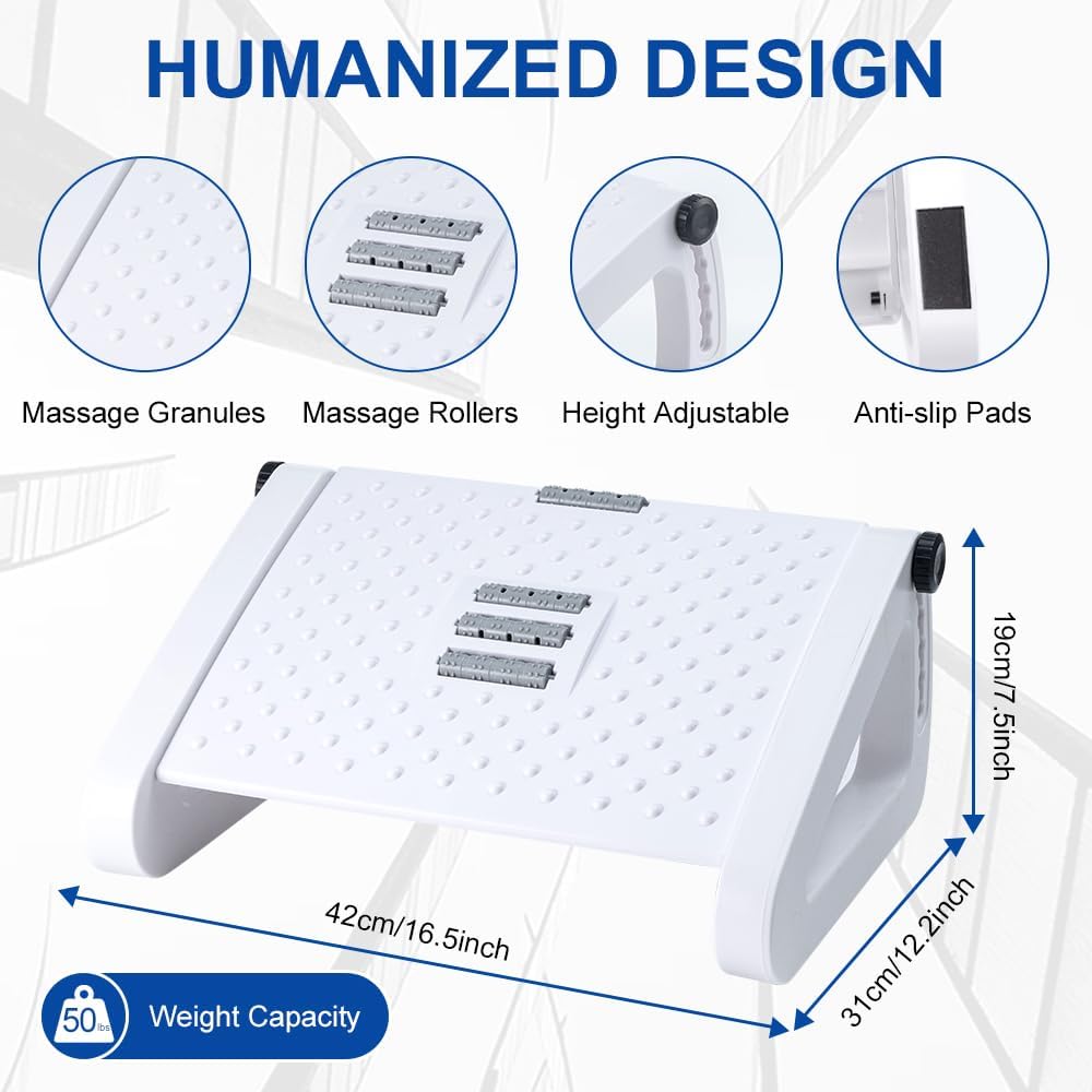 Foot Rest for Under Desk At Work - Six Heights Adjustable Under Desk Footrest - Ergonomic Foot Stools for Under Office Desks - Desks Foot Rest with Massage Rollers - Leg Rest for Chair (White)