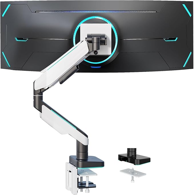 WALI Heavy Duty Monitor Arm, Monitor Stand for Screen up to 49 inch, 44 lbs, Aluminum Ultrawide Computer Mount for Samsung Odyssey G9, Adjustable, Mounting Holes 75 and 100 (GAM001XL), White