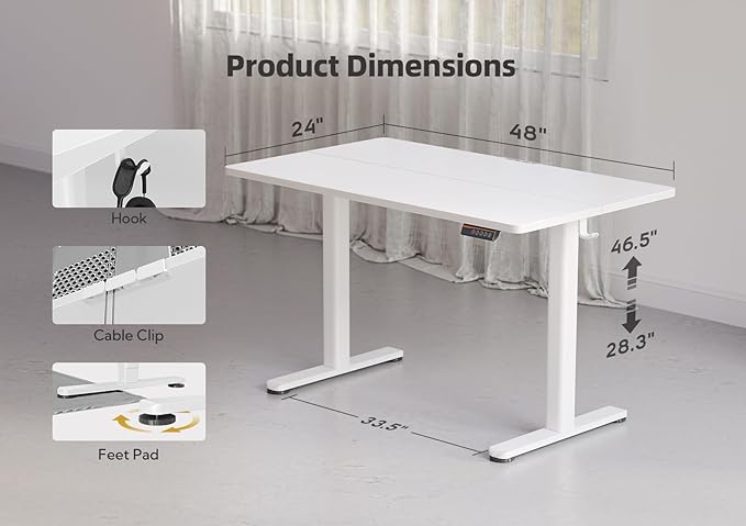 YDN Electric Standing Desk Adjustable Height, 48 x 24 Inches Stand up Desk with Cable Management, Home Office Desks with Splice Board & White Frame, White Top