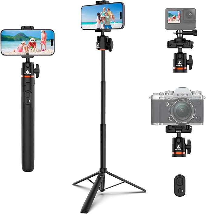 Ailight 60" Extendable Travel Tripod & Selfie Stick with Cold Shoe & Wireless Remote, 360° Ball Head for Vlogging - Lightweight Phone Tripod for iPhone