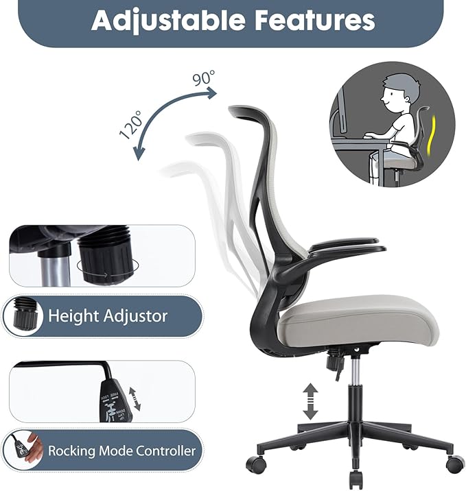 Sweetcrispy High Back Office Chair - Ergonomic Computer Gaming Mesh Chairs with Lumbar Support, with Soft Flip Up Arms, Adjustable Height and 360° Wheels, 120° Rocking Mode, Light Grey