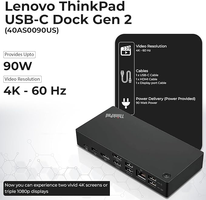 Lenovo 40AS0090USThinkpad Docking Station - Supports 4K Display, 1 Year Warranty, USB C Gen 2 Dock with 90W Adapter + 4K HDMI Cable + USB-C Cable + 4K DisplayPort Cable + Microfiber Cloth (Renewed)