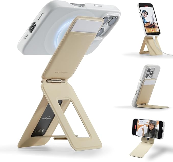 MOFT Phone Tripod Wallet for iPhone, Mulit-Angles, Portable Phone Stand, MOVAS Vegan Leather Magnetic Wallet, Strong Magnets, NFC Card Holder, Travel Essential, Earthen Beige (with Card Slot)