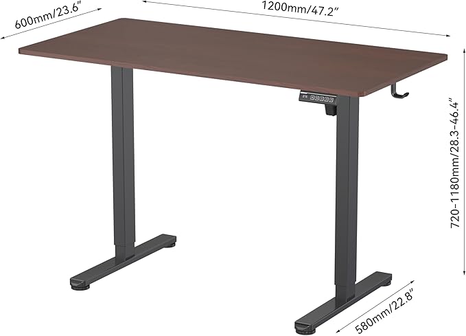 NSY Audio Electric Standing Desk 48x24 Inches - Height Adjustable, Whisper Quiet Motor, Walnut Top & Black Frame for Home Office Gaming, Focused Work, Walnut Brown