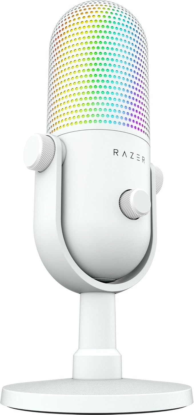Razer Seiren V3 Chroma RGB USB Microphone: Stream & Game Reactive Lighting - Tap-to-Mute Sensor - Condenser Mic - Digital Gain Limiter & Shock Absorber - PC, Discord, OBS Studio, XSplit - White