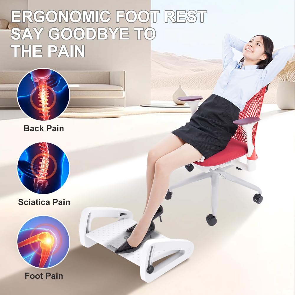 Foot Rest for Under Desk At Work - Six Heights Adjustable Under Desk Footrest - Ergonomic Foot Stools for Under Office Desks - Desks Foot Rest with Massage Rollers - Leg Rest for Chair (White)