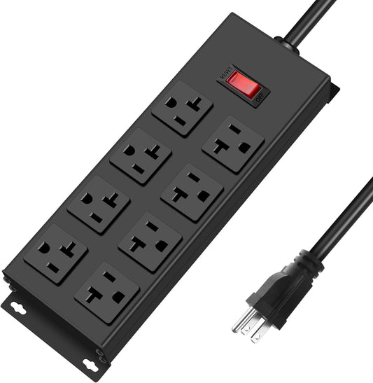 JUNNUJ Heavy Duty 20 Amp Power Strip, Garage 8 Outlets Metal 12 Gauge Surge Protector 3000J, High Amp 5-15P Adapter Shop 6-20R T-Slot Industrial Outlets (8AC, 15FT)