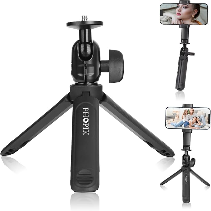 PHOPIK Video Tripod with 360°Ball Head and Cold Shoe for Gopro/Camera/Insta360 x5-Selfie Stick Tripod for iPhone/Android/Samsung Google Smartphone