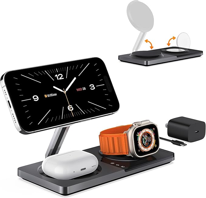 3 in 1 Wireless Charging Station for Apple Device: Fast Charging Station for iPhone and Watch with MagSafe, Foldable Charger Stand for iPhone 12-16 & iPhone 16 & iWatch & AirPods