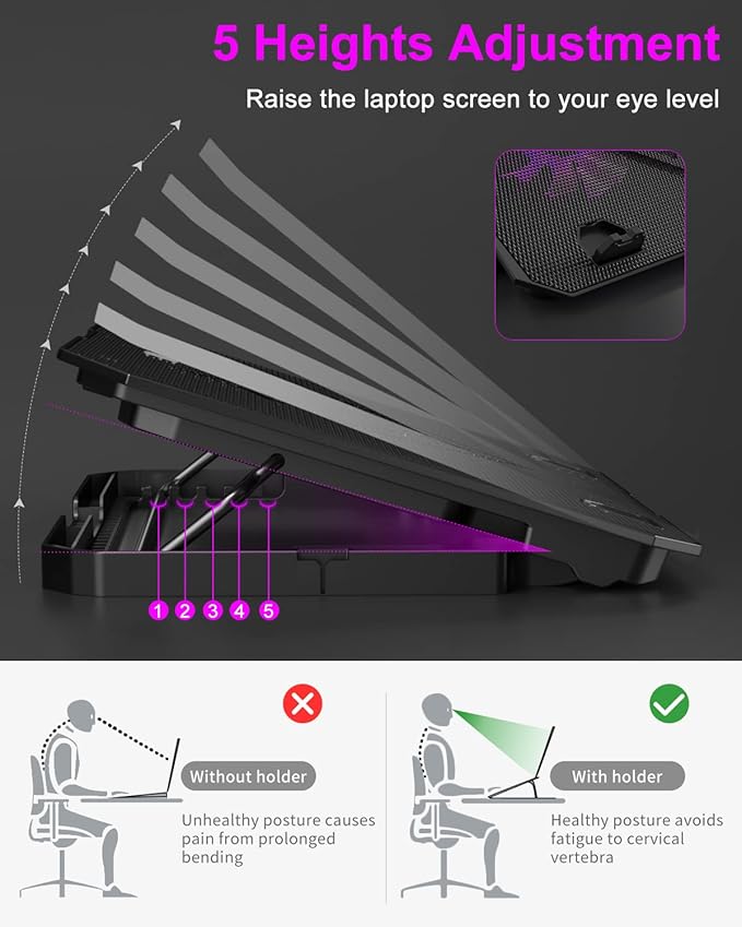 KeiBn Upgrade Laptop Cooling Pad, KeiBn Laptop Cooler 2 Fans for 10-15.6 Inch Laptops, 5 Height Stands, 2 USB Ports (S039-Purple)