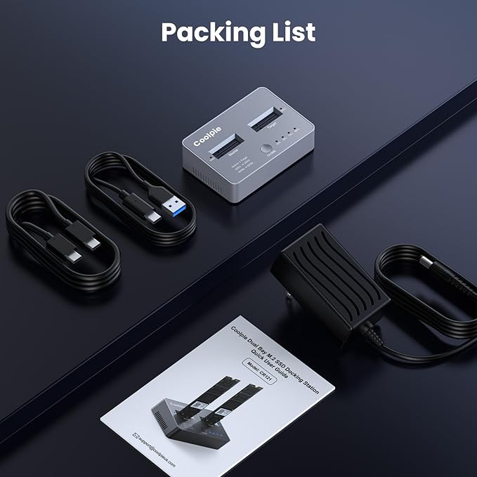 M.2 NVME/SATA Duplicator, Coolpie CR121 Dual-Bay Offline Clone M.2 NVME/SATA Docking Station, USB3.2 Gen2*2 20Gbps M.2 Cloner for SSD Size 2230/2242/2260/2280/22110