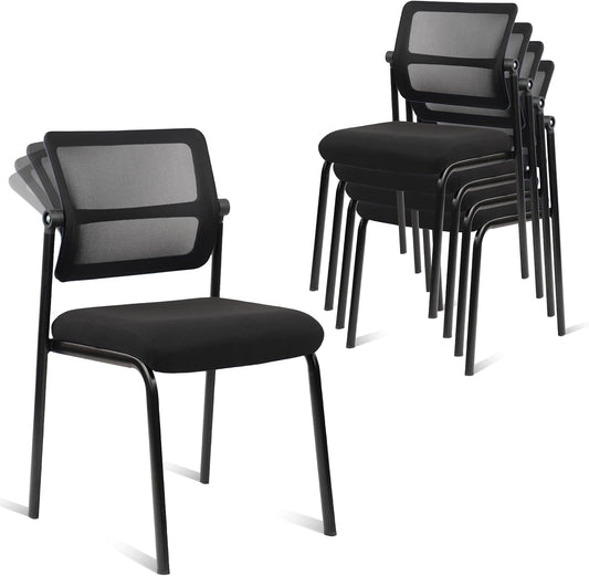 CLATINA Stacking Armless Office Waiting Room Chair with Adjustable Backrest, Stackable Mesh Guest Reception Desk Chairs with Ergonomic Lumbar Support for Conference Lobby Side School, Black, 4 Pack