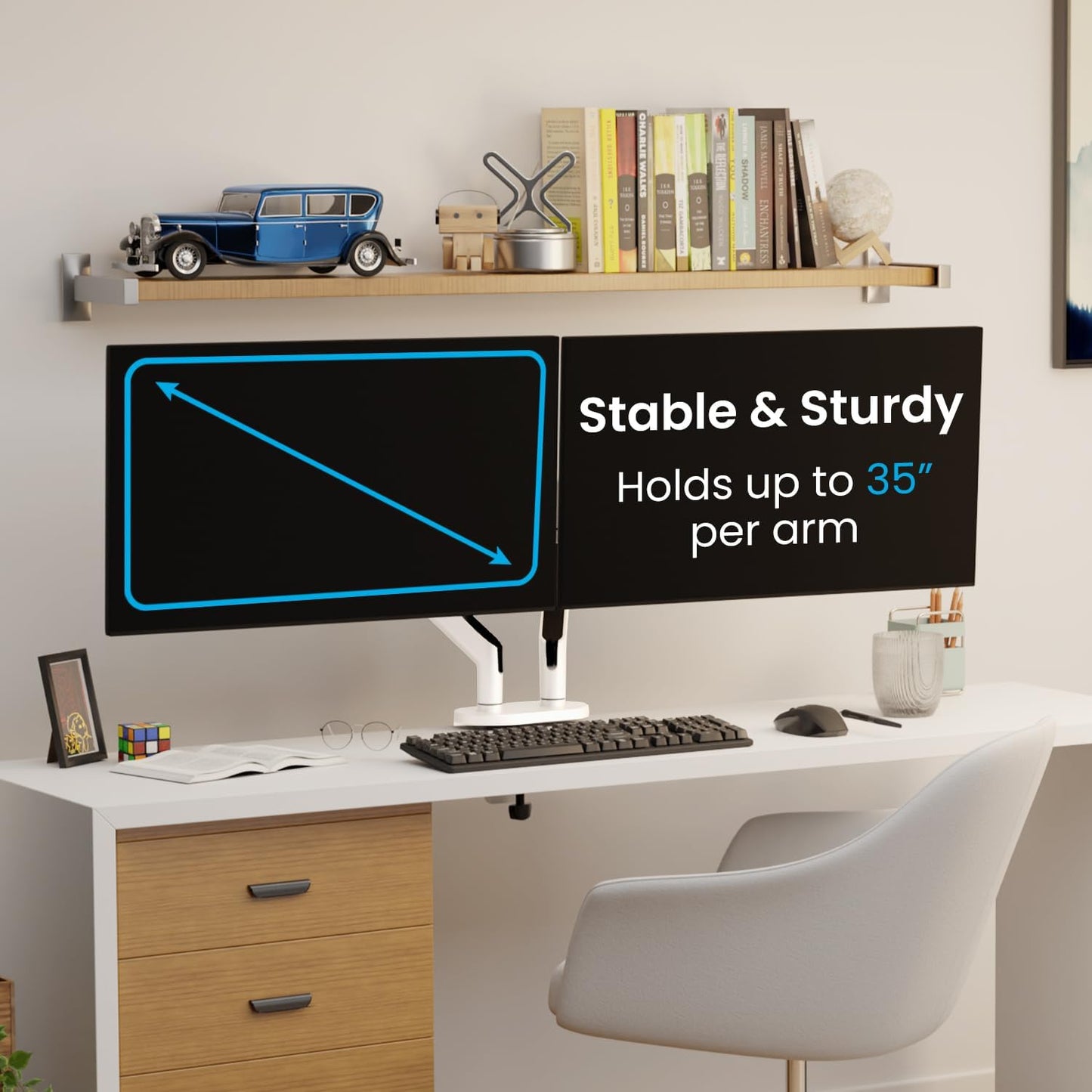 EVEO Premium Dual Monitor Mount 14"-35” Dual Monitor Arm VESA Bracket Adjustable Height Gas Spring Dual Monitor Stand, Screen Full Motion Dual Monitor Arm-Computer Monitor Stand for 2 Screens - White