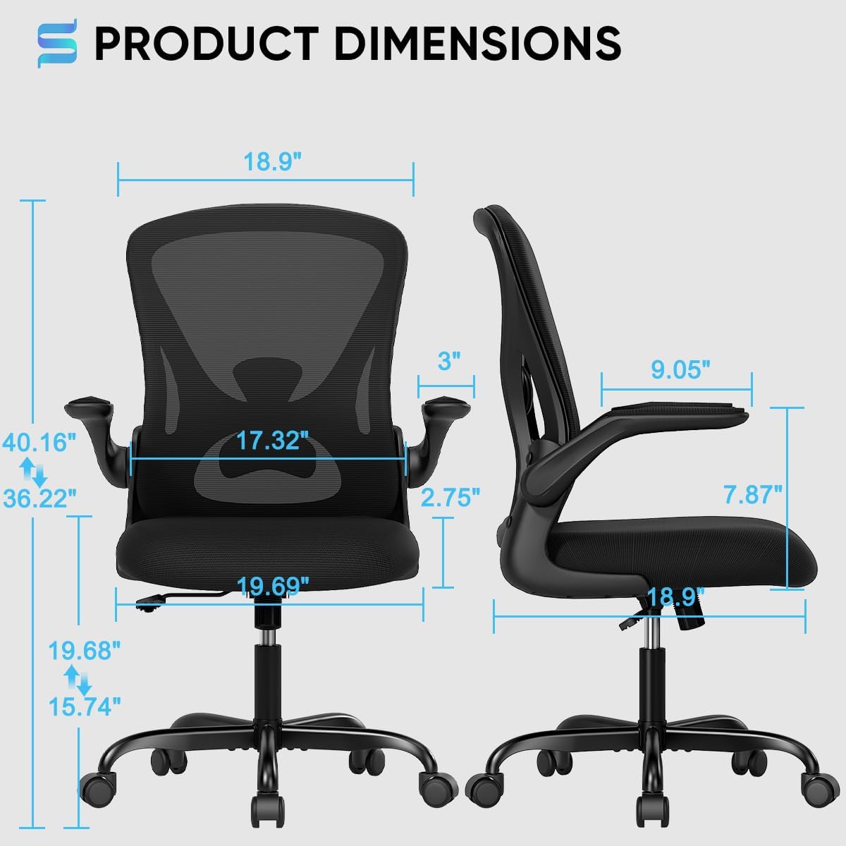 Sytas Ergonomic Desk Chair with Padded Flip up Arms and Supportive Lumbar Support, Breathable Mesh Home Office Chair with Comfortable Cushion for Home or Office(Black)