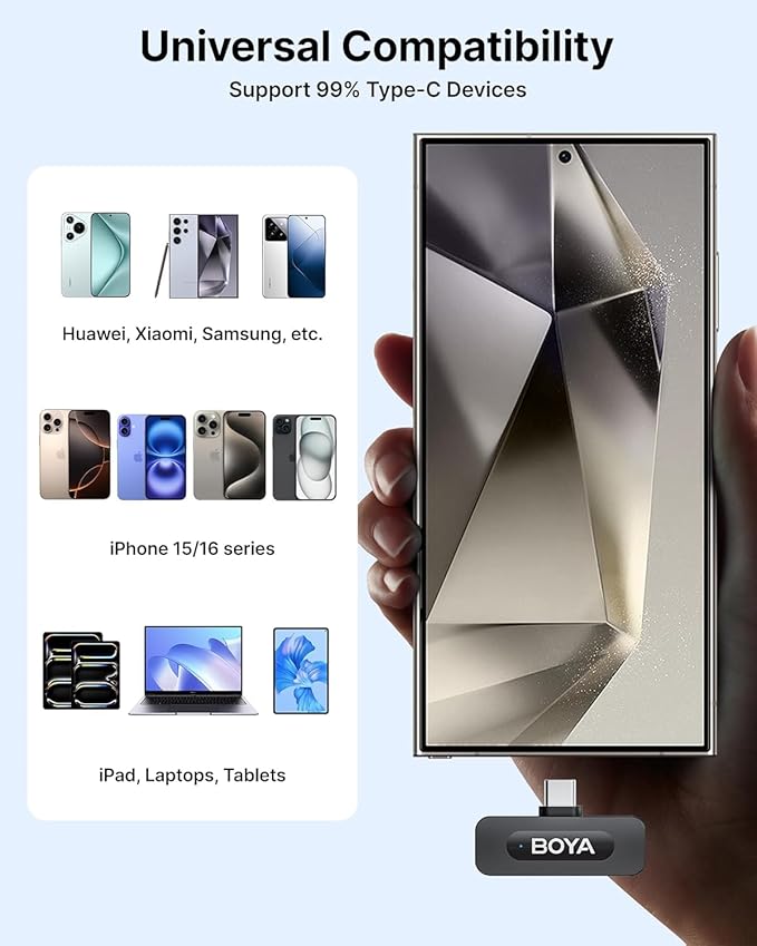 BOYA V30 Wireless Lavalier Microphone for iPhone/Android/PC/Laptop with USB-C Port, 36H Battery Life with Charging Case, Noise Canceling Clip on Lapel Microphone Wireless Mini Mic for Video Recording