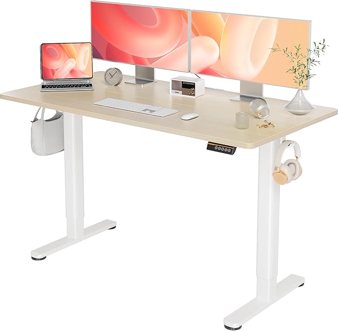 YDN Electric Standing Desk Adjustable Height, 55 x 24 Inches Stand up Desk with Cable Management, Home Office Desks with Splice Board & White Frame, Nature Top