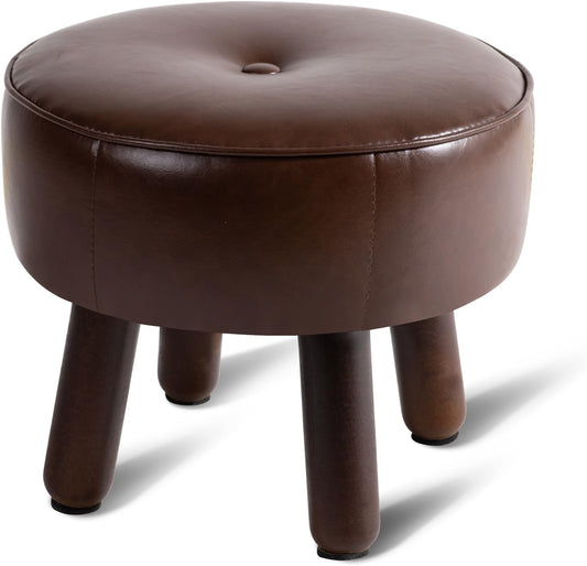 Small Foot Stool Ottoman, Round Pouf Foot Rest, Footstool Ottomans with Rubber Legs Under Desk, Faux Leather Footrest for Couch, Living Room, Bedroom, Office, 13''L x 13''W x 10.2''H, Coffee