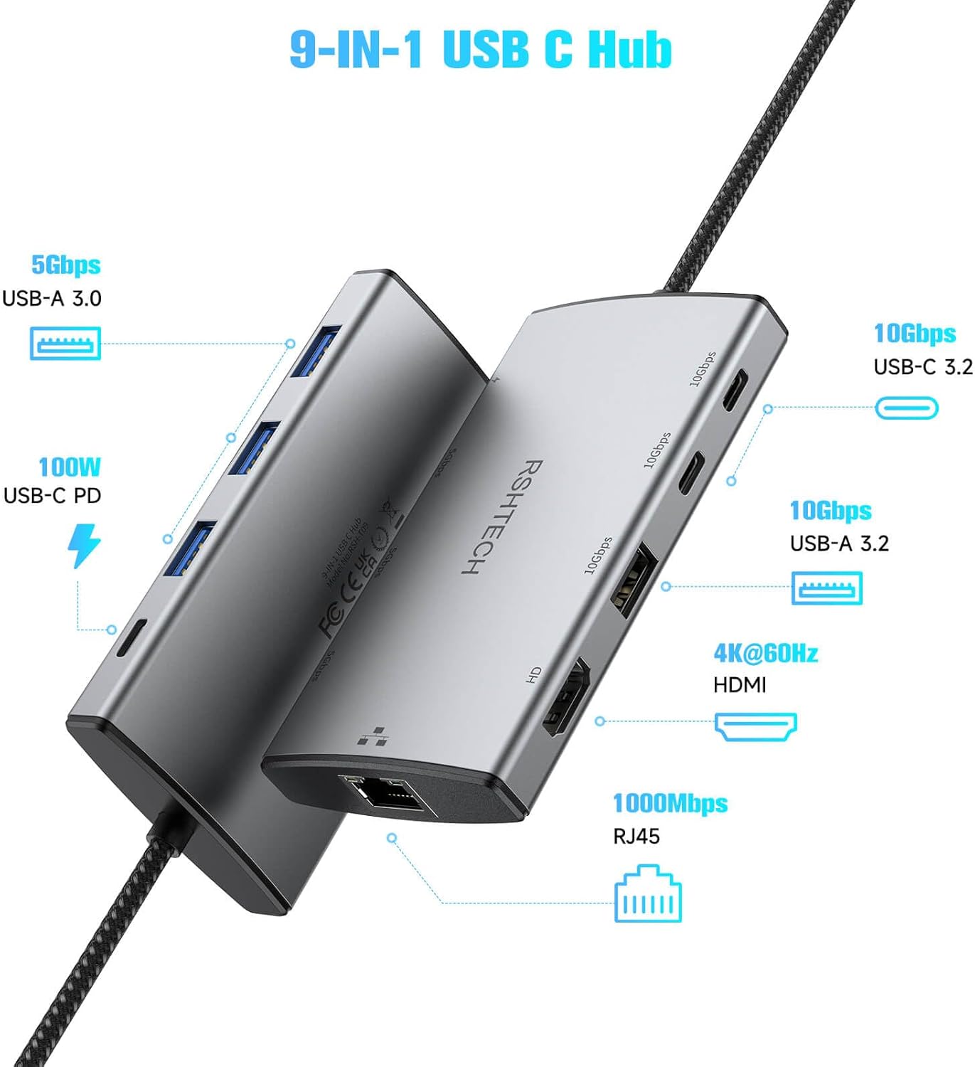 RSHTECH 9-in-1 USB C Hub Multiport Adapter with 4K HDMI, 10Gbps USB-3.2 Ports(2C + 1A), 3 USB-3.0 5Gbps Data Ports, 100W PD, Gigabit Ethernet, Aluminum USB-C Dongle for MacBook, Laptops and More