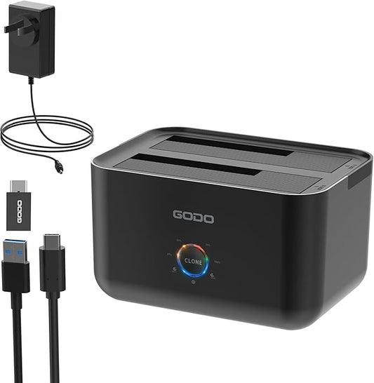 GODO Hard Drive Docking Station to USB 3.0 Type C,Dual Bay Hard Drive Dock for SATA 2.5/3.5 inch HDDs/SSDs with LED Indicator,Support Offline Clone/Duplicator 2 * 18TB Black