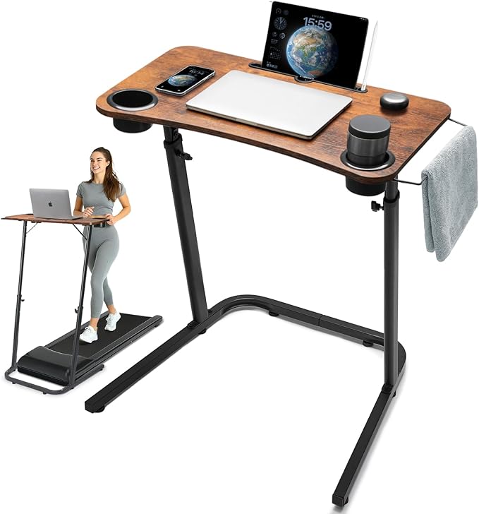 Treadmill Desk, Small Standing Desk for Walking Pad, 30-47 Inch Adjustable Height Walking Pad Stand for Treadmill, Portable Standing Table for Bike and Home Office Work - Brown