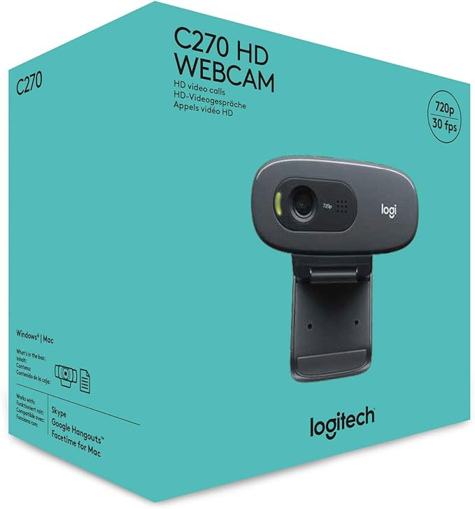 Logitech C270 HD Webcam, 720p, Widescreen HD Video Calling,Light Correction, Noise-Reducing Mic, For Skype, FaceTime, Hangouts, WebEx, PC/Mac/Laptop/Macbook/Tablet - Black