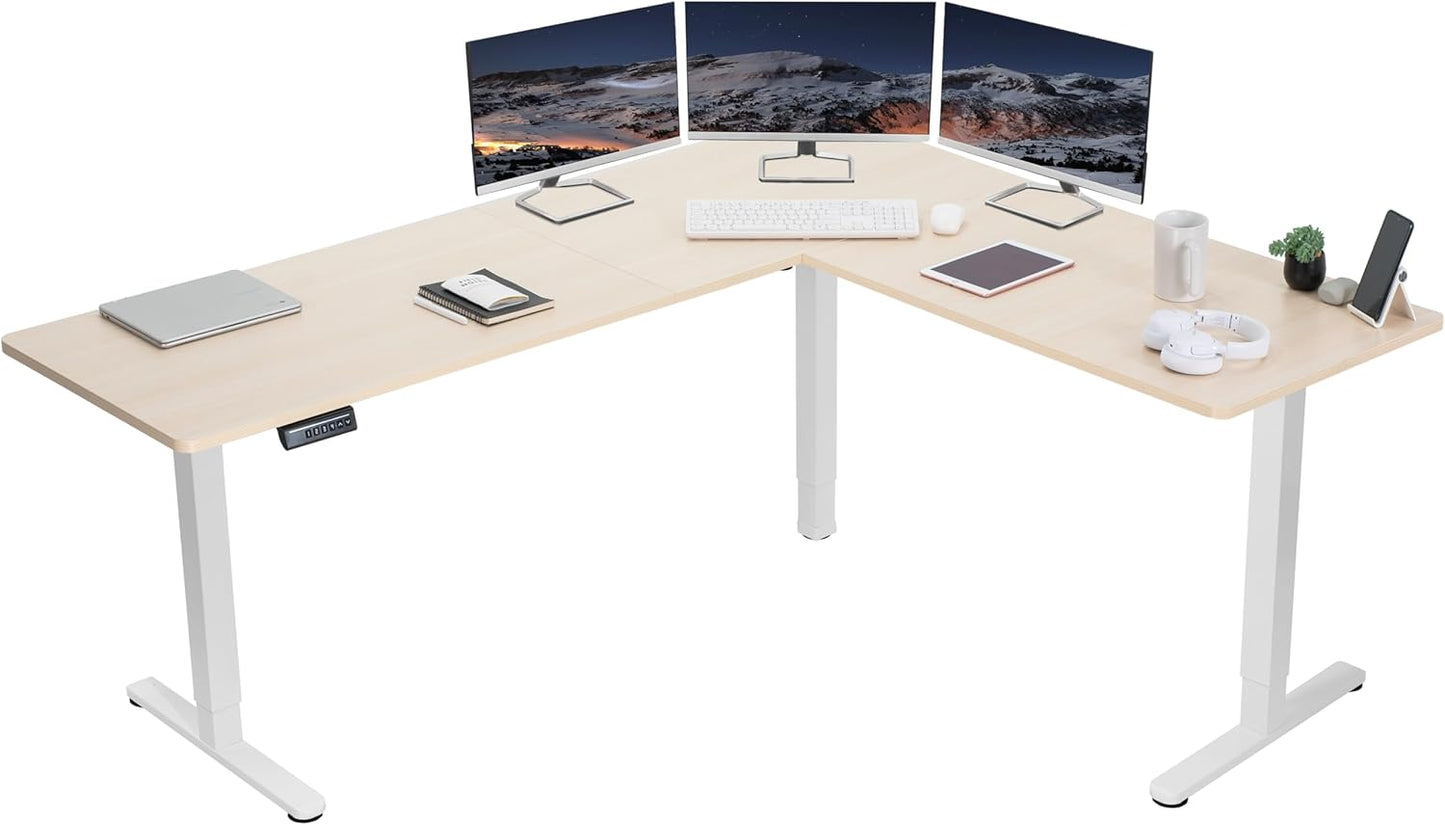 VIVO Electric Corner L-Shaped 75 x 63 in Standing Desk, Memory Height Adjustment, Light Wood Top White Frame, DESK-E3CTC-75