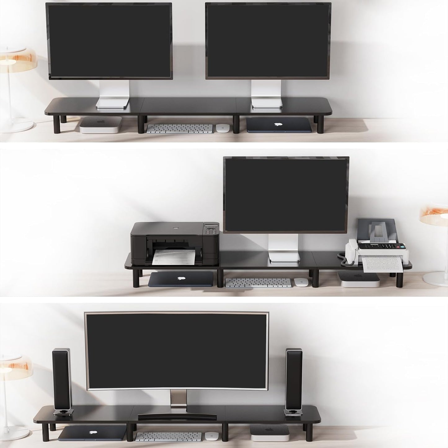 43.7" Extra Long Dual Monitor Stand Riser, Wood & Steel Monitor Stand for 2 Monitors, Wide TV Stand, Desktop Riser for Desk Organization, Home Office，Laptop,Printer,TV (Black)