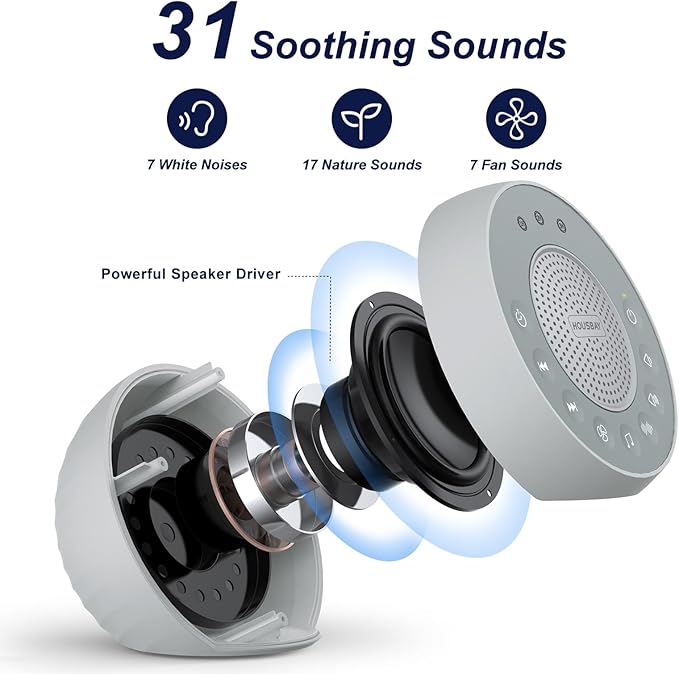Housbay Glows White Noise Sound Machine, 31 Soothing Sounds, 5W Loud Stereo Sound, Sleep Timer, Small Travel Sleep Machine & Noise Canceling for Sleeping, Relaxation-Gray