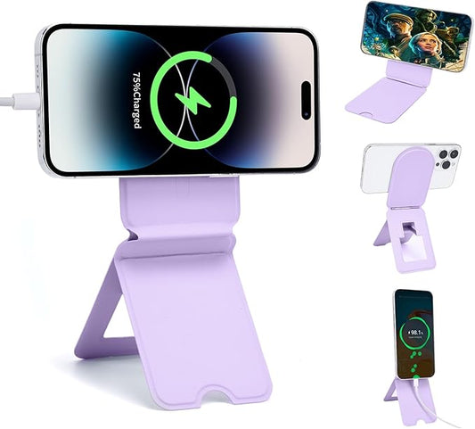 Phone Stand, Magnetic Foldable Phone tripods Stain-Resistant Leather & Angle Adjustment, Multifuctional Strong Magnetic Phone Tripod for iPhone 16/15/14/13/12-(Purple)