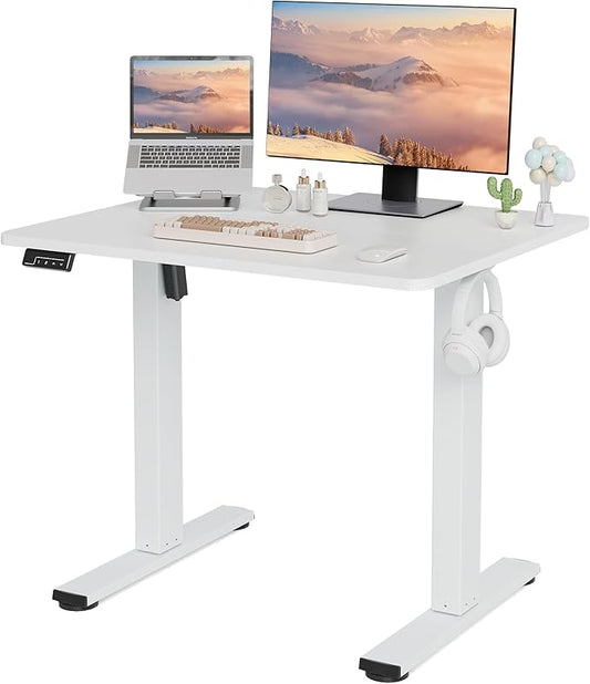 Electric Standing Desk Adjustable Height, 32x20 Inches Sit Stand up Desktop for Home Office, Ergonomic Rising Computer Table with Memory Preset, White