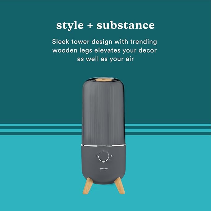 Homedics Ultrasonic Humidifier, Bedrooms and Home Offices, 0.97-Gallon Tank, 45-Hour Runtime, Visible Ultra-Quiet Cool Mist, Aromatherapy, Demineralization Cartridge, Night-Light, Auto-Off, Platinum