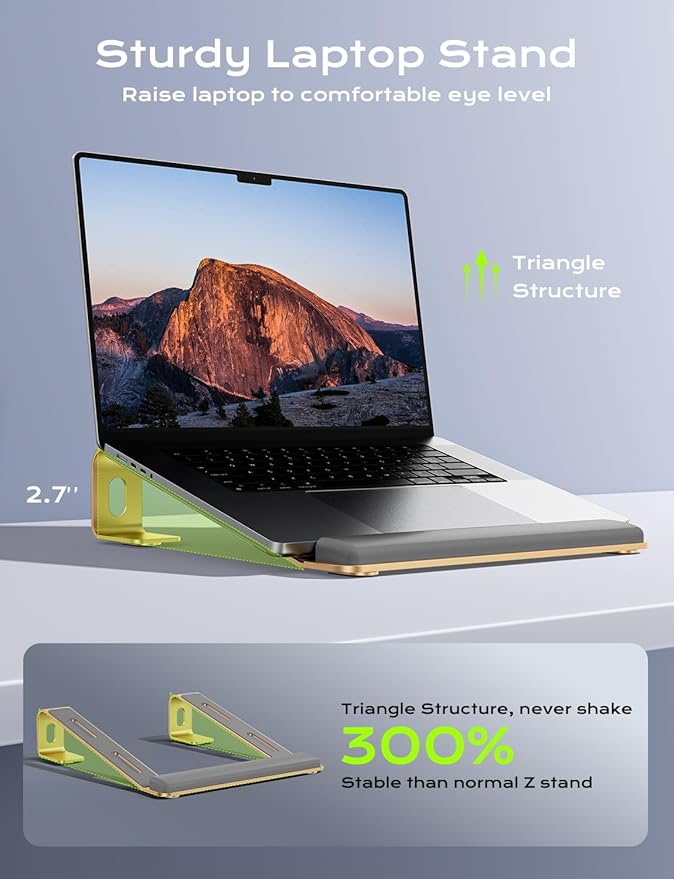 Aluminum Laptop Stand, Notebook Stand with Wrist Rest, Ergonomic Detachable Laptop Mount, Computer Stand Compatible with 10-17'' All Laptops Such as MacBook Air Pro/HP/Dell/Lenovo, Gold