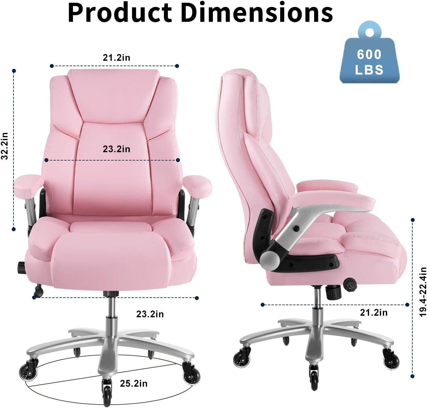 Big and Tall Office Chair 600lbs, Heavy Duty Executive Office Chair for Heavy People, Pink High Back Office Leather Ergonomic Chair with Adjustable Armrests and Lumbar Support for Computer Desk Chair