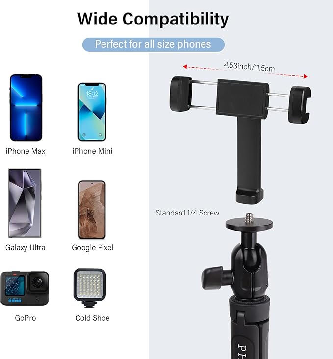 PHOPIK Video Tripod with 360°Ball Head and Cold Shoe for Gopro/Camera/Insta360 x5-Selfie Stick Tripod for iPhone/Android/Samsung Google Smartphone
