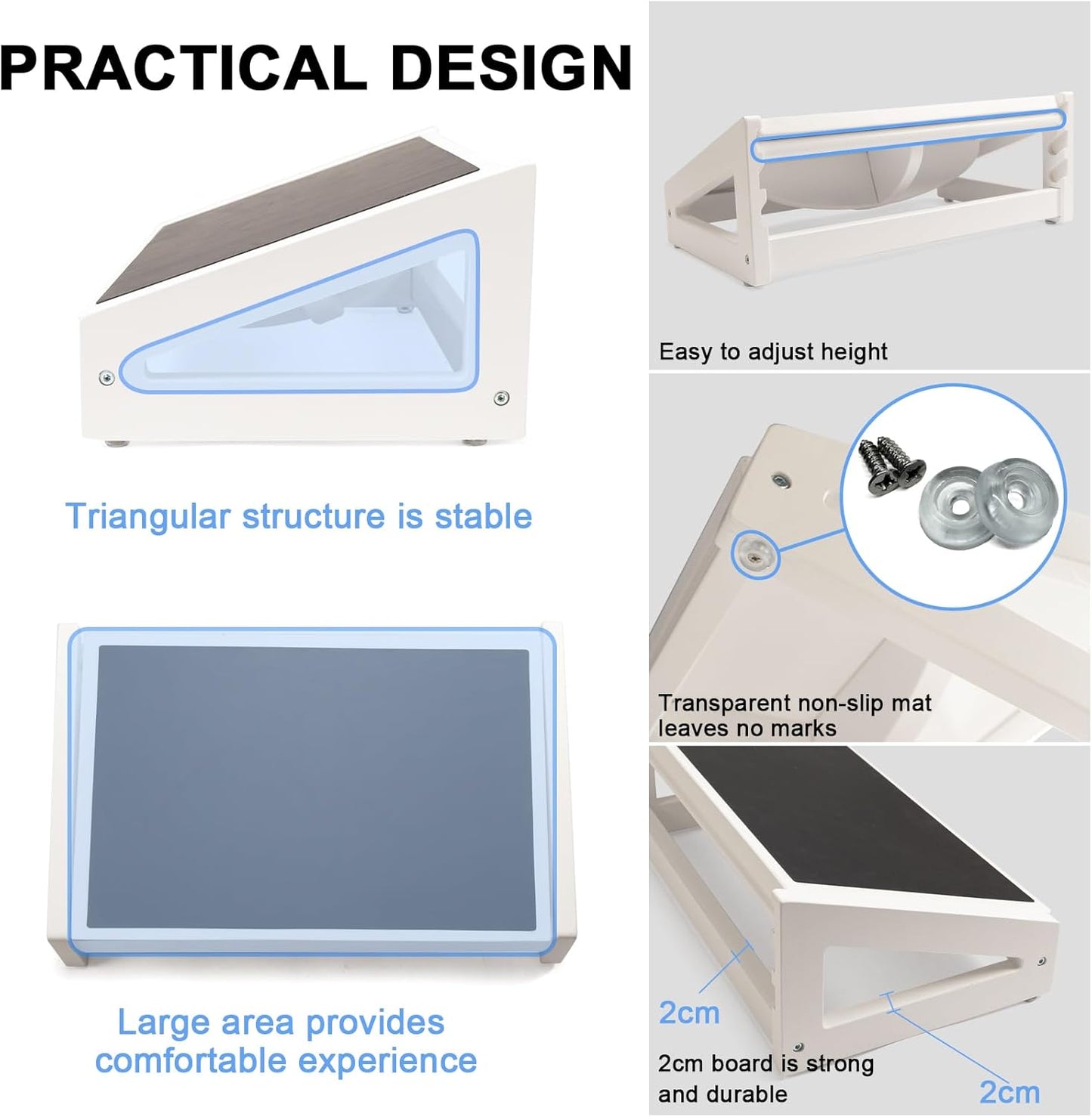 WOOD CITY Under Desk Footrest, 3 Heights Adjustable Foot Rest with Silicone Surface, 3 in 1 Non-Slip Foot Stool Improve Posture, Reduce Fatigue & Pain， Ideal for Home/Office/Gaming (White)