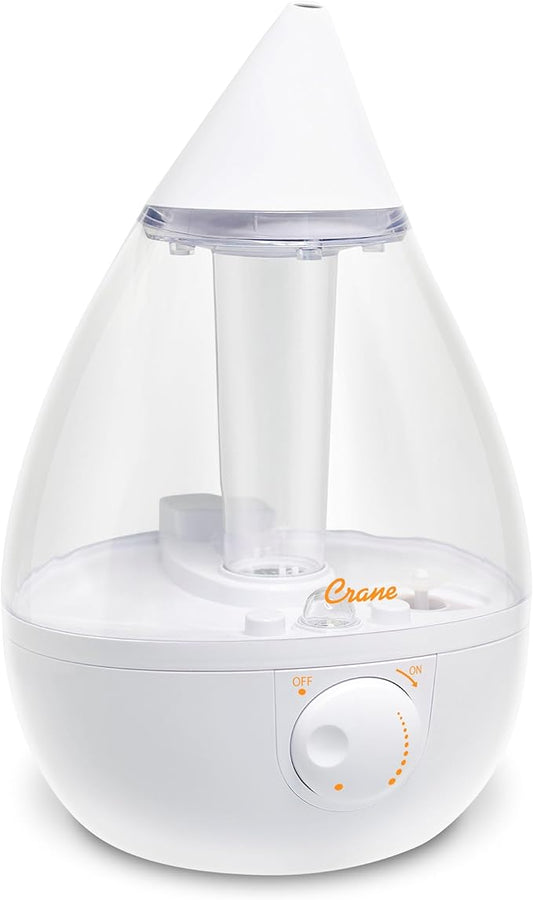 Crane White Teardrop Ultrasonic Cool Mist Humidifier, 1 Gallon Auto Shut-Off for Large Room, Baby Nursery, Bedroom Office, Clear & White