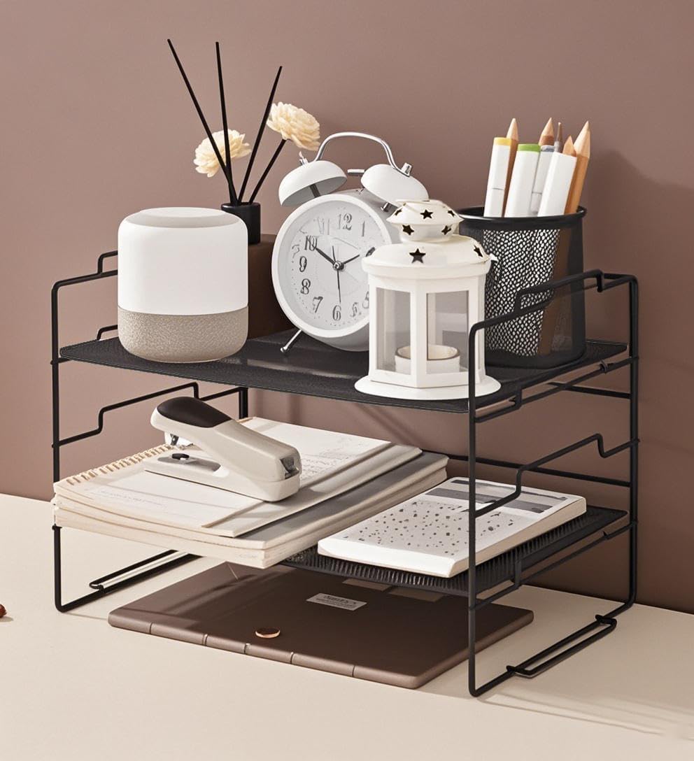 2 Tiers Metal Mesh Desk Organizer and Accessories Stackable Paper Tray and Letter Tray File Organizer, File Document Storage Rack
