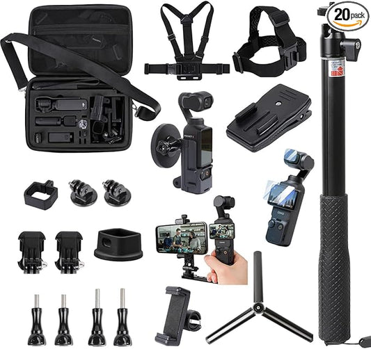 PellKing 21 in 1 Accessories Kit for OSMO Pocket 3,Including Hard Shell case,Magnetic Mount,Desktop Base Mount,Selfie Stick,Tripod,Chest Mount,Mobile Phone Holder,Screen Protector,Backpack Clip