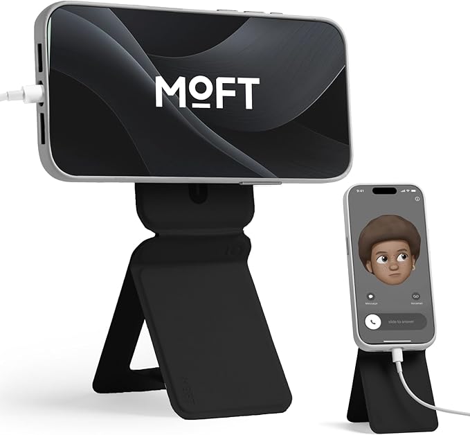 MOFT Phone Stand, Magnetic Phone Tripod Stand Stain-Resistant MOVAS Leather & Angle Adjustment & Strong Magnets Tripod for iPhone 16/15/14/13/12 (Included Metal Ring)-Jet Black