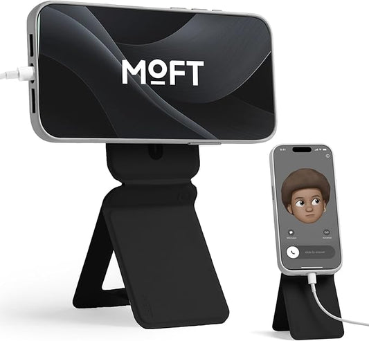 MOFT Phone Stand, Magnetic Phone Tripod Stand Stain-Resistant MOVAS Leather & Angle Adjustment & Strong Magnets Tripod for iPhone 16/15/14/13/12 (Included Metal Ring)-Jet Black