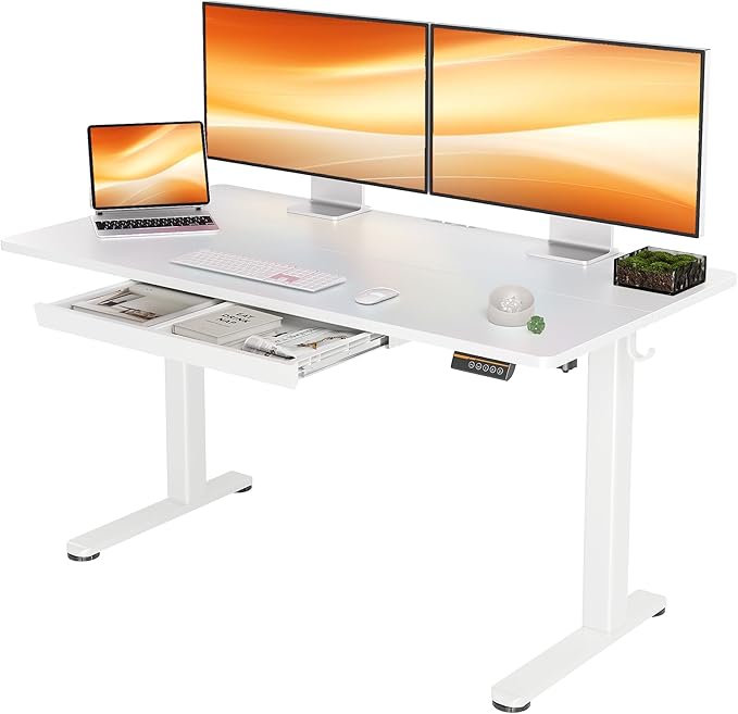 YDN Standing Desk with Drawers, 55 x 24 Inch White Standing Desks Electric Adjustable Height Desk for Computer Workstations, White