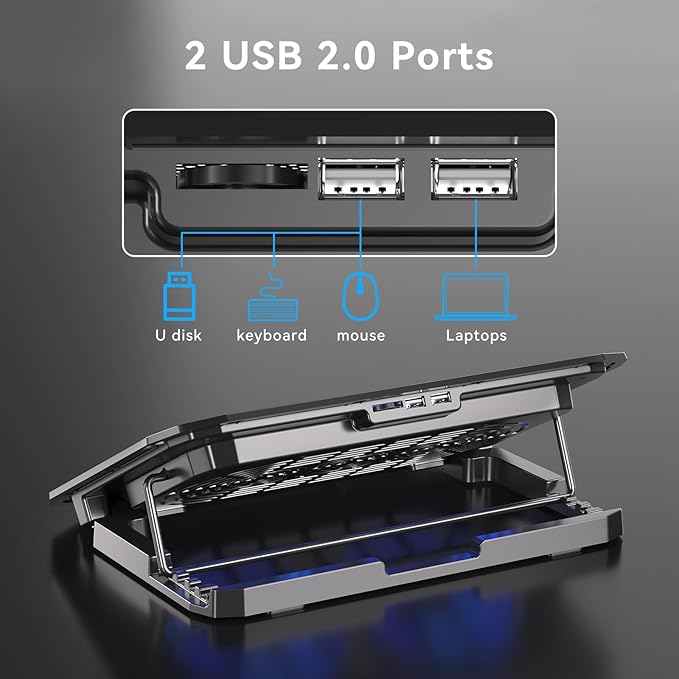 Ultra Slim Laptop Cooling Pad with 2 Quiet Big Fans, 5 Height Adjustable Ergonomic Stand, Portable Cooler for 10-15.6 Inch Laptops, Speed Control and 2 USB Ports