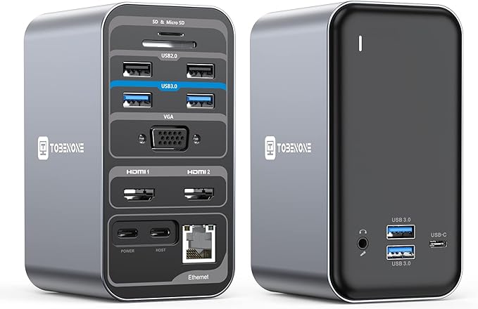 TobenONE USB C Laptop Docking Station Dual Monitor, 15-in-1 USB C Dock with Dual HDMI, 65W Power Supply, VGA, 4xUSB 3.0, 2xUSB 2.0, SD/TF, Ethernet and Audio/Mic for Lenovo, HP, Dell, Surface