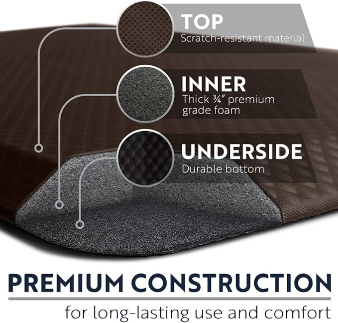 KANGAROO Thick Ergonomic Anti Fatigue Mats for Kitchen Floor, 70x24 Runner, Cushioned Standing Office Desk Mat, Waterproof Scratch Resistant Topside, Supportive All Day Comfort Padded Foam Rugs, Brown