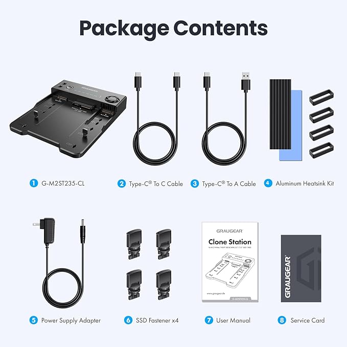 GRAUGEAR M.2 NVMe & SATA SSD/HDD Docking Station, USB-C 10Gbps Clone Station for M.2 PCIe NVMe + SATA 2.5”/3.5” SSD & HDD Converter, Offline Cloning, Tool-Free, Built-in Cooling Fan