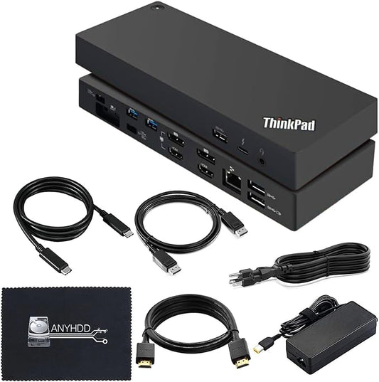 Lenovo 40AN0135US Dock 135W Bundle - Gen 2 Dual UHD 4K Display with 135W Power Adapter + 4K HDMI Cable + 4K DisplayPort Cable + Thunderbolt Cable + Microfiber Cloth - Lenovo Docking Station (Renewed)