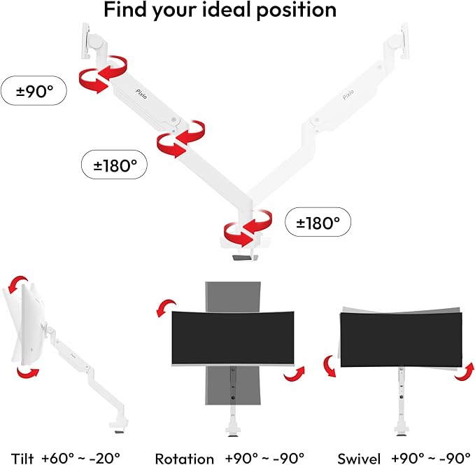 Pixio PS2S Titan White Ultrawide Mega Heavy-Duty Premium Single Monitor Arm Stand fits up to 57 inch Monitors Holds up to 59.4lbs VESA Compatible Integrated Cable Management